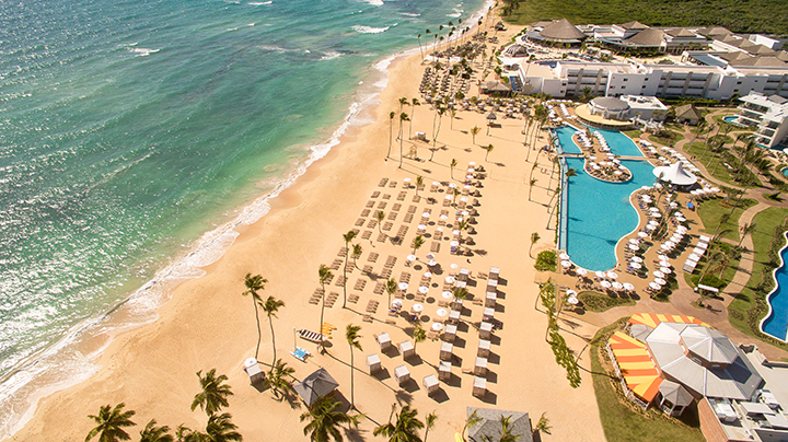 Bird's eye beach and ocean view of Nickelodeon resorts in Punta Cana, Dominican Republic | Karisma Hotels & Resorts®